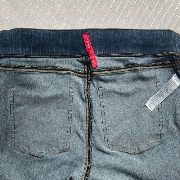 Spanx Blue Jean Jeggings Size Small Raw Hem Faux Front Pockets Distressed Flawed - Picture 11 of 14